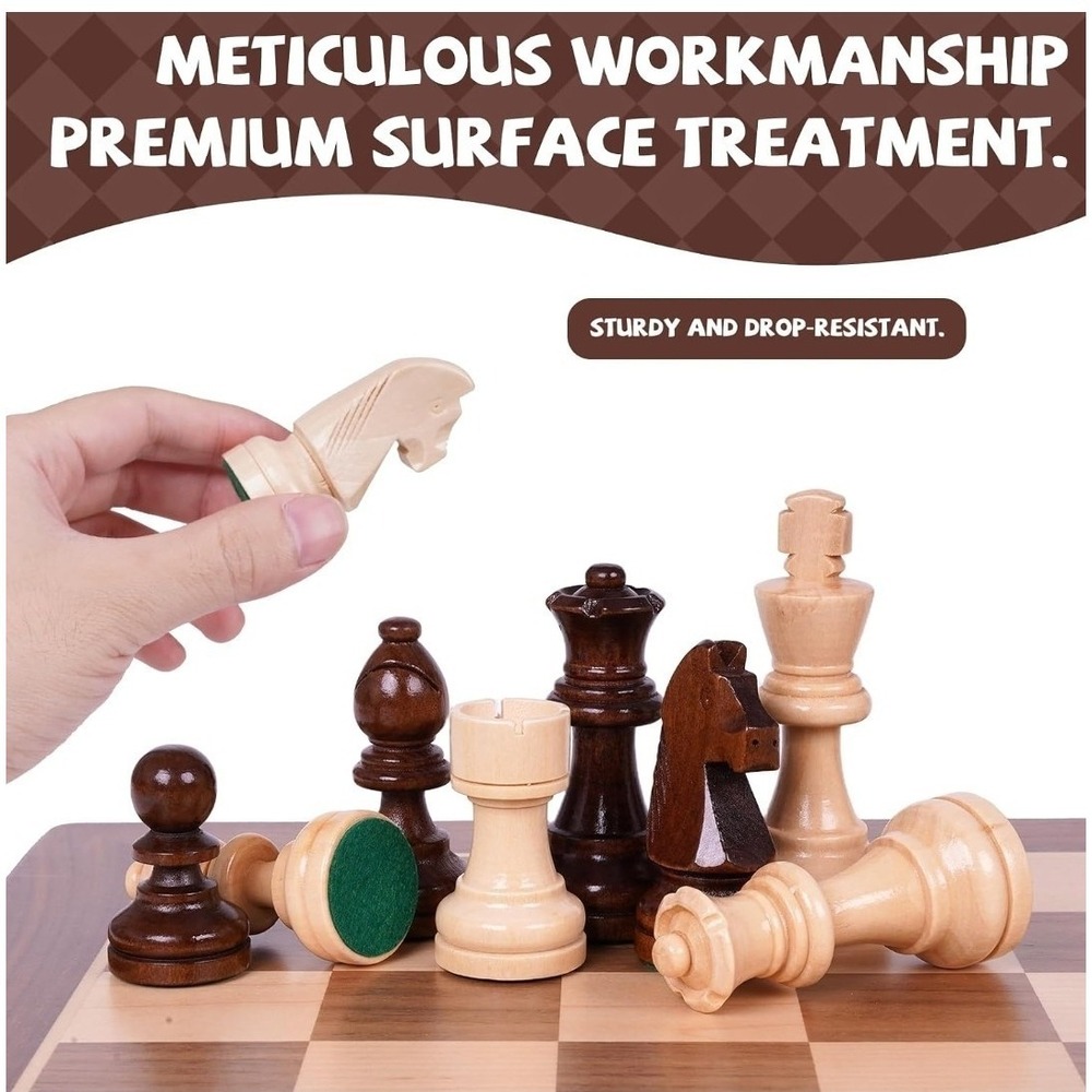 Soban's 17in Walnut Wooden Chess Set Folding Board 2 Extra Queens 3.5in King - Picture 5 of 7